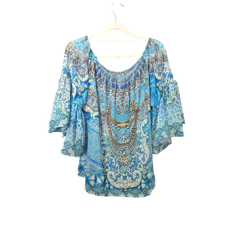 Ranees Embellished Bell Sleeve Top Womens XL Blue Paisley Boho Blouse Festival